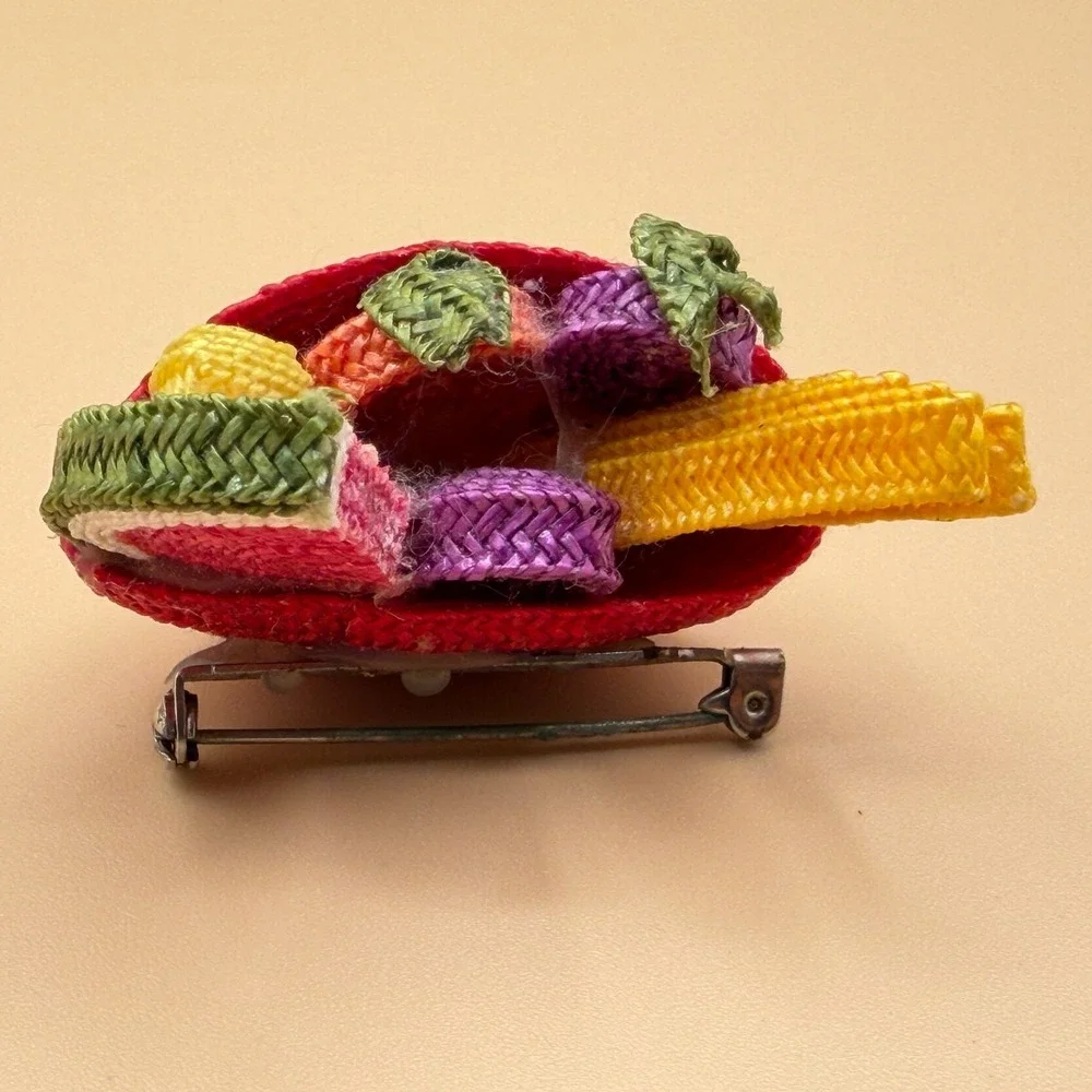 Woven Fruit Basket Brooch Watermelon Vintage Whimsical Boho Statement Pin Gift